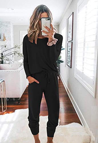 Fixmatti 2 Piece Outfits Women Sweatsuit Long Sleeve Shirt and Pant Lounge Set Black 2XL - Image 2