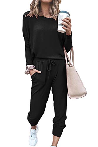 Fixmatti 2 Piece Outfits Women Sweatsuit Long Sleeve Shirt and Pant Lounge Set Black 2XL - Image 1