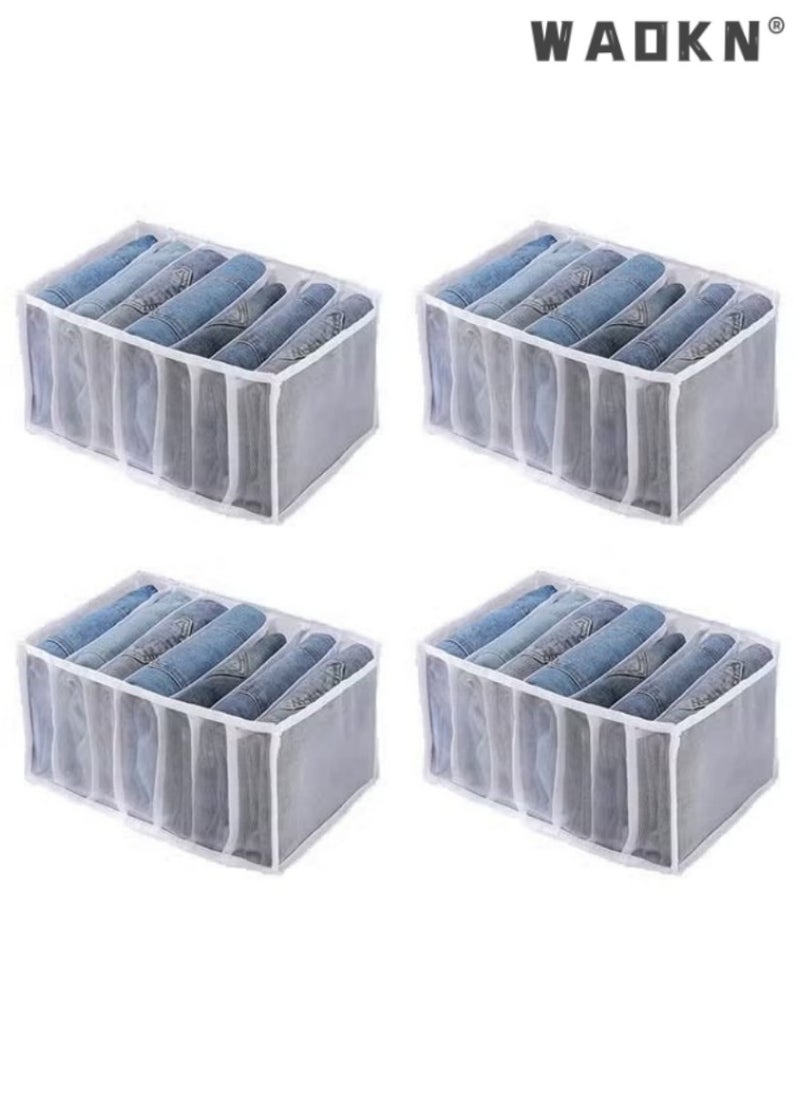 WAOKN 4 PCS 7 Grids Washable Wardrobe Clothes Organizer,Foldable Clothes Organizer for Closet, Clothing Storage Bins,Drawer Mesh Separation Box for T-shirt,Legging,Skirts,Jeans,Kid Clothes (White)  - Image 1