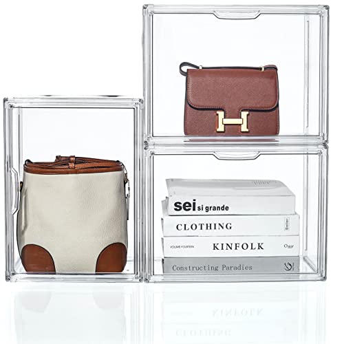 ZLLZUU ZLLZUU Purse and Handbag Storage Organizer for Closet Clear Acrylic Display Case for Collectibles 3 Pack Plastic Storage Boxes with Magnetic Door for Wallet Cosmetic Large Door 