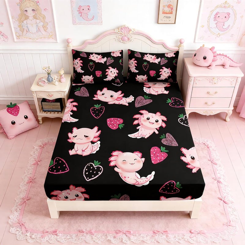 UEVBF Cute Axolotl Bed Set Full Size - Pink Axolotl Strawberry Printed Fitted Sheet Set with 2 Pillowcases - Image 1