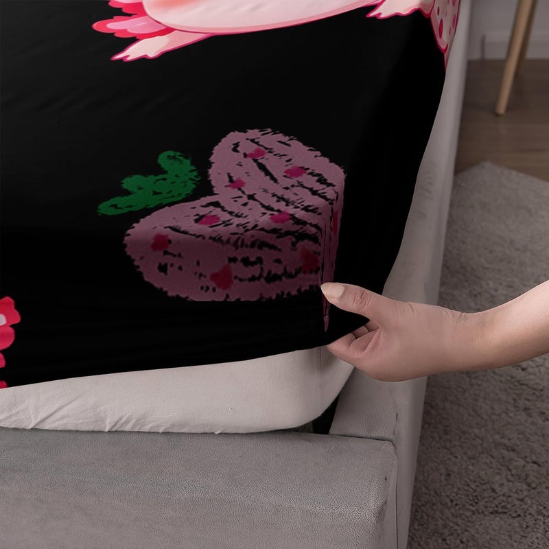 UEVBF Cute Axolotl Bed Set Full Size - Pink Axolotl Strawberry Printed Fitted Sheet Set with 2 Pillowcases - Image 5