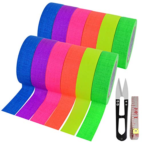 mifengda 12 Pack UV Blacklight Reactive 6 Color Fluorescent Cloth Neon Tape, 0.59'x16.4ft each Roll - Image 1
