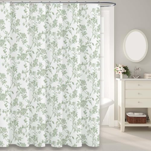 WOUVMA Sage Green Shower Curtain Floral Cotton Cottagecore Shower Curtain for Bathroom 72" W x 75" L - Image 1