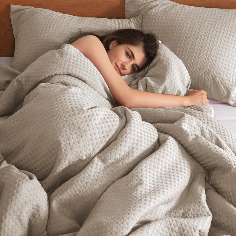 Comfort Spaces Taupe Queen Comforter Set - 3 Pieces Breathable Dotted Weave Texture Comforter Sets, Modern Farmhouse Boho Comforter & Shams, All Season Microfiber Queen Bed Set, Full/Queen - Image 4