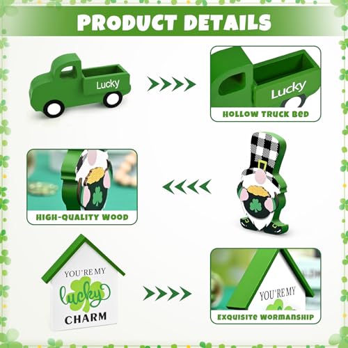 ASPMIZ St Patricks Day Decorations, Green Truck Shamrock Decorations with Gnome Wooden Block Sign, St Patricks Day Decor for Tiered Tray, Mantle, Desk, Bookshelf, Farmhouse Rustic Wooden Decor, Gift - Image 5