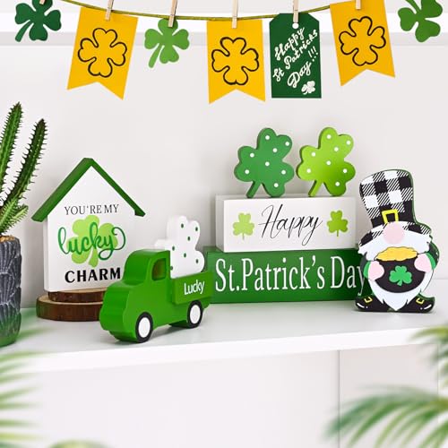 ASPMIZ St Patricks Day Decorations, Green Truck Shamrock Decorations with Gnome Wooden Block Sign, St Patricks Day Decor for Tiered Tray, Mantle, Desk, Bookshelf, Farmhouse Rustic Wooden Decor, Gift - Image 2