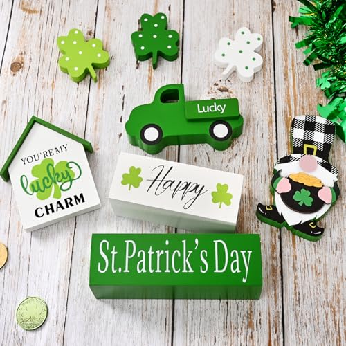 ASPMIZ St Patricks Day Decorations, Green Truck Shamrock Decorations with Gnome Wooden Block Sign, St Patricks Day Decor for Tiered Tray, Mantle, Desk, Bookshelf, Farmhouse Rustic Wooden Decor, Gift - Image 3