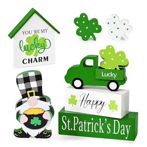 ASPMIZ St Patricks Day Decorations, Green Truck Shamrock Decorations with Gnome Wooden Block Sign, St Patricks Day Decor for Tiered Tray, Mantle, Desk, Bookshelf, Farmhouse Rustic Wooden Decor, Gift - Image 1