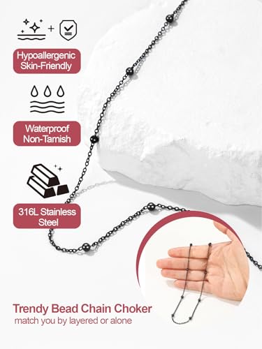 FOCALOOK Satellite Choker Necklaces for Women, Black Metal Beaded Chain Dainty Boho Short Stacked Necklace Thin Black Chain - Image 2