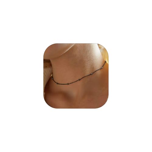 FOCALOOK Satellite Choker Necklaces for Women, Black Metal Beaded Chain Dainty Boho Short Stacked Necklace Thin Black Chain - Image 1