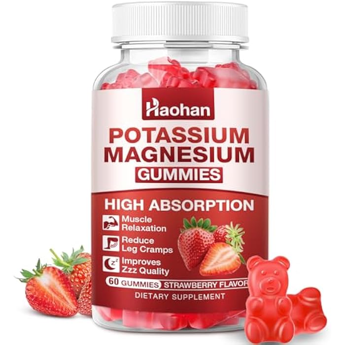 HAOHAN Potassium Magnesium Gummies with Electrolytes & Vitamins - Magnesium Glycinate, Potassium Citrate, Calcium, Vitamins B6, D3 & K2 for Muscle Function & Recovery - Vegan, Strawberry, 60 Count - Image 1