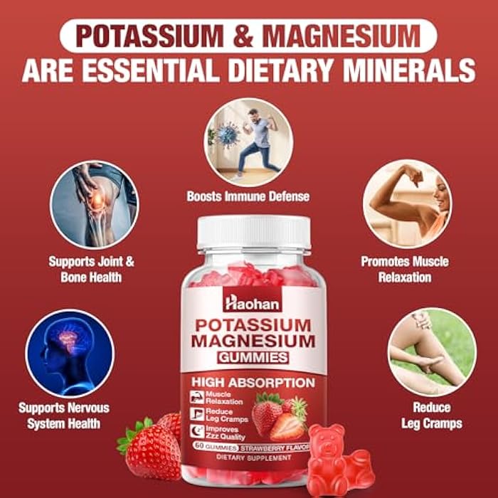 HAOHAN Potassium Magnesium Gummies with Electrolytes & Vitamins - Magnesium Glycinate, Potassium Citrate, Calcium, Vitamins B6, D3 & K2 for Muscle Function & Recovery - Vegan, Strawberry, 60 Count - Image 3