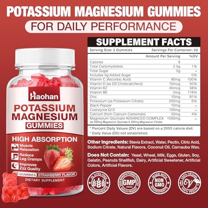 HAOHAN Potassium Magnesium Gummies with Electrolytes & Vitamins - Magnesium Glycinate, Potassium Citrate, Calcium, Vitamins B6, D3 & K2 for Muscle Function & Recovery - Vegan, Strawberry, 60 Count - Image 2