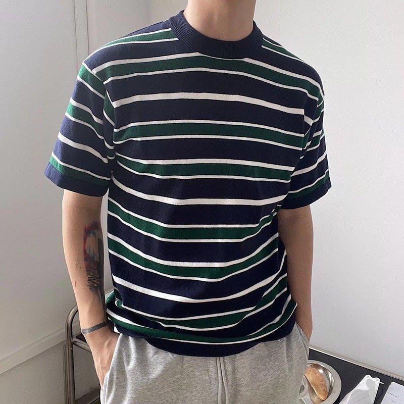 Summer Short-Sleeved T-Shirt Men'S Japanese-Style Fashion Brand Crewneck Stripe Retro Casual All-Match Youth Half-Sleeved T-Shirt - Image 2