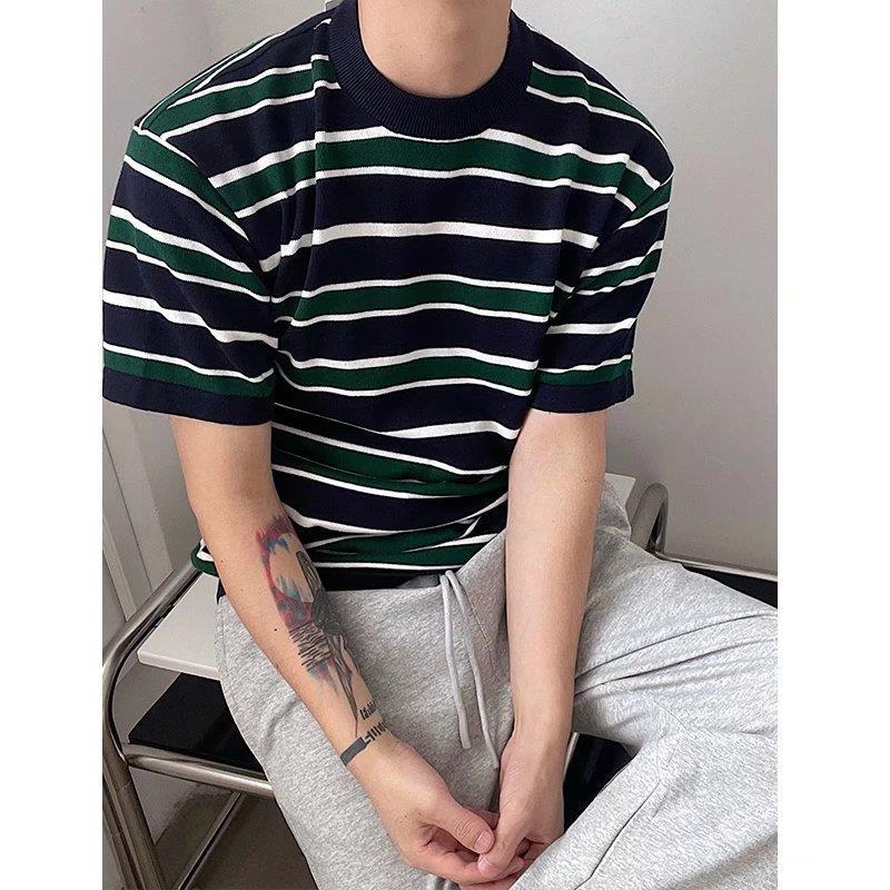 Summer Short-Sleeved T-Shirt Men'S Japanese-Style Fashion Brand Crewneck Stripe Retro Casual All-Match Youth Half-Sleeved T-Shirt - Image 3