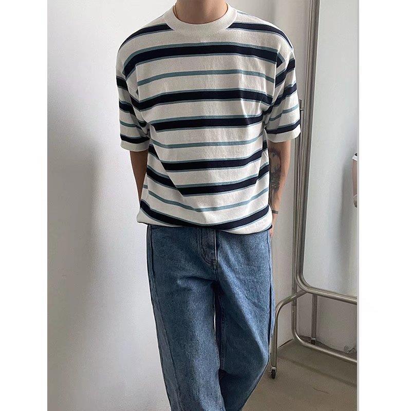 Summer Short-Sleeved T-Shirt Men'S Japanese-Style Fashion Brand Crewneck Stripe Retro Casual All-Match Youth Half-Sleeved T-Shirt - Image 5