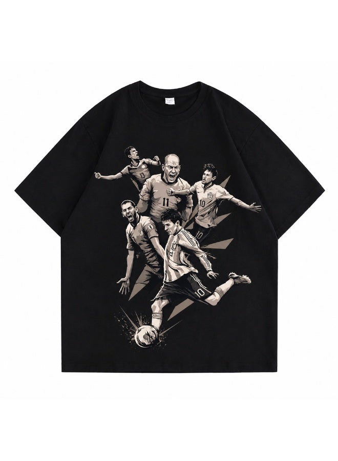 Men's Cotton Short Sleeve T-Shirt with Football Player Graphic Print, Black - Image 1