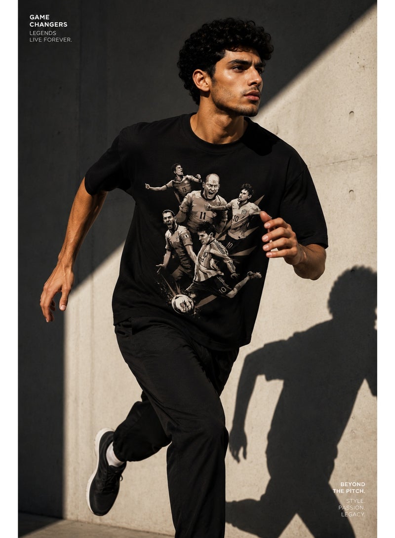 Men's Cotton Short Sleeve T-Shirt with Football Player Graphic Print, Black - Image 4