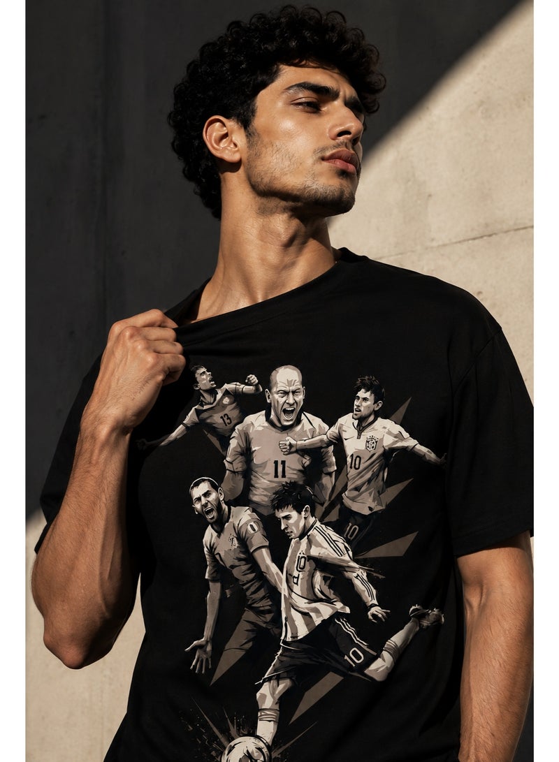 Men's Cotton Short Sleeve T-Shirt with Football Player Graphic Print, Black - Image 2