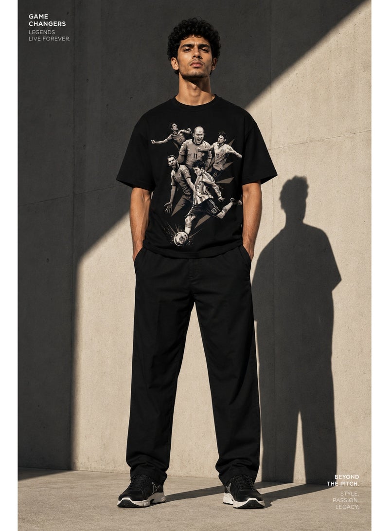 Men's Cotton Short Sleeve T-Shirt with Football Player Graphic Print, Black - Image 5