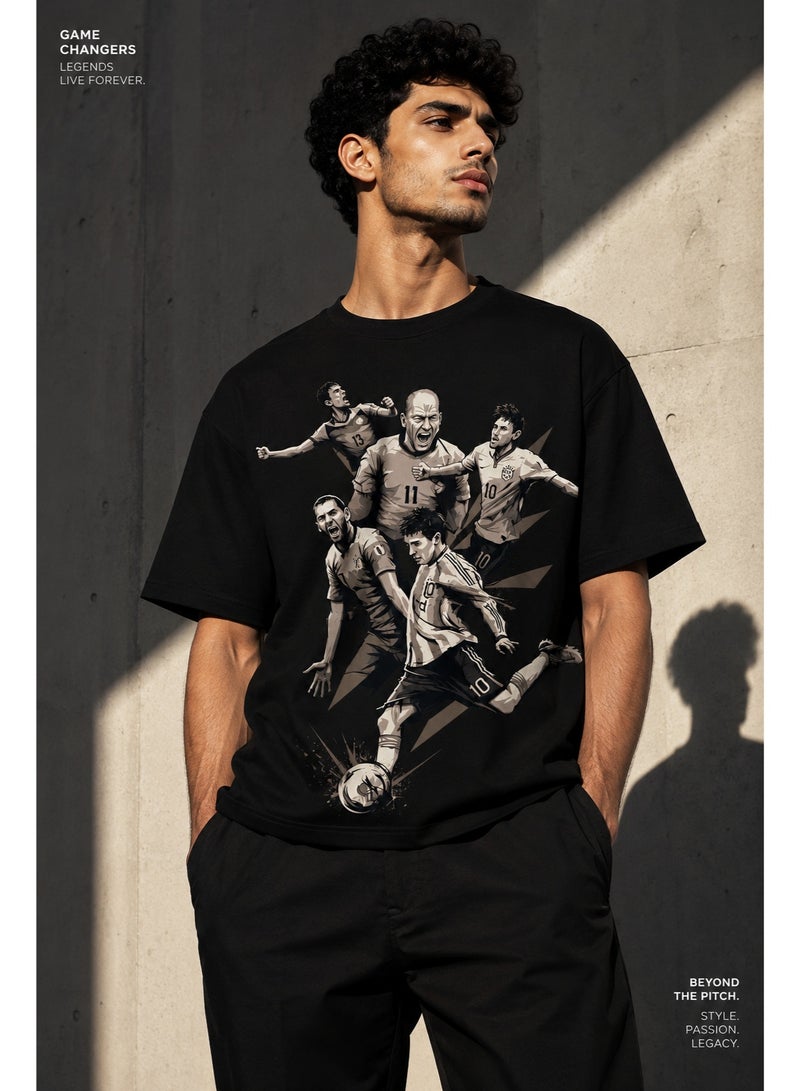 Men's Cotton Short Sleeve T-Shirt with Football Player Graphic Print, Black - Image 3