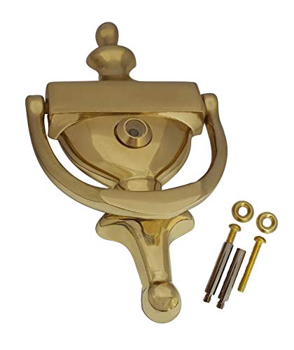 QCAA Solid Brass Door Knocker 7 with 160 Degree Glass Len Door Viewer UL Listed Polished Brass 1 Pack