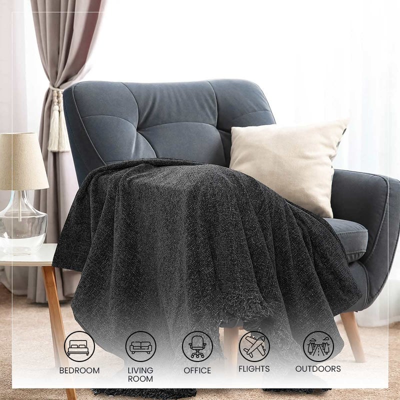 SASHAA WORLD Soft Chenille Throw Throw Blanket for Sofa Bed Chair and Travel Charcoal Throw Blanket Pack of 1 130 x 180 cm - Image 3