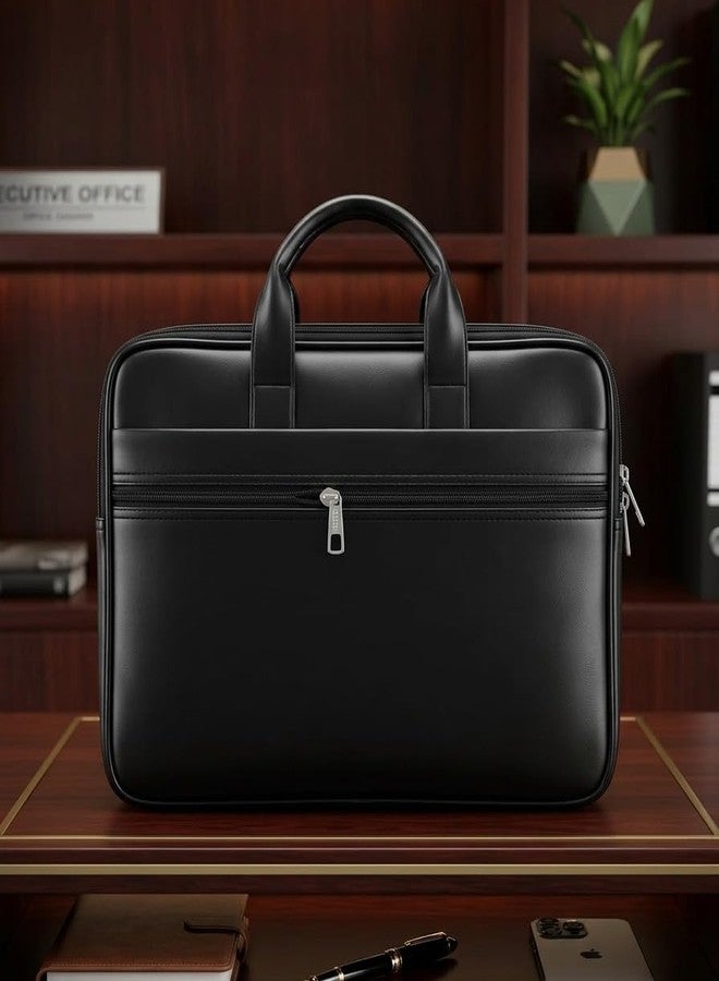 NEXUS Laptop Briefcase Bag for Men & Women | Faux Leather Office Messenger Bag | Tan & Black | Shoulder Strap | Professional Business Work Bag | Slim & Durable Design (Black) - Image 3