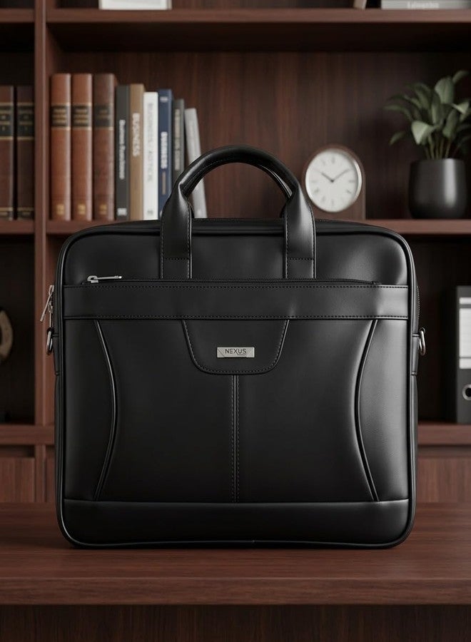 NEXUS Laptop Briefcase Bag for Men & Women | Faux Leather Office Messenger Bag | Tan & Black | Shoulder Strap | Professional Business Work Bag | Slim & Durable Design (Black) - Image 2