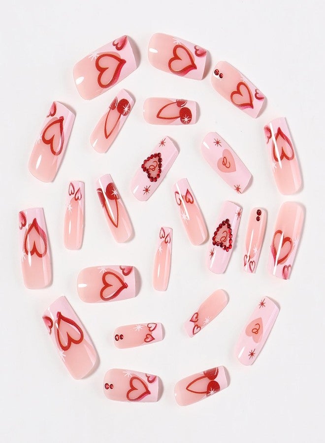GRITOSE 24Pcs Pink Coffin Press on Nails Valentines Day Fake Nails with Heart Cherry Rhinestone Design French Tip Nails Press ons Valentines Heart Nails Glossy Full Cover Stick on Nail for Women Manicure Art - Image 2