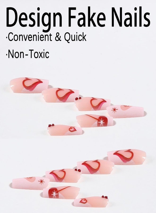 GRITOSE 24Pcs Pink Coffin Press on Nails Valentines Day Fake Nails with Heart Cherry Rhinestone Design French Tip Nails Press ons Valentines Heart Nails Glossy Full Cover Stick on Nail for Women Manicure Art - Image 4