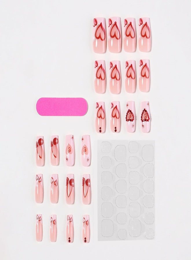 GRITOSE 24Pcs Pink Coffin Press on Nails Valentines Day Fake Nails with Heart Cherry Rhinestone Design French Tip Nails Press ons Valentines Heart Nails Glossy Full Cover Stick on Nail for Women Manicure Art - Image 3