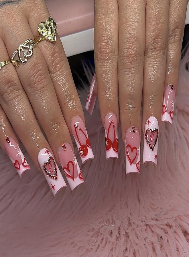 GRITOSE 24Pcs Pink Coffin Press on Nails Valentines Day Fake Nails with Heart Cherry Rhinestone Design French Tip Nails Press ons Valentines Heart Nails Glossy Full Cover Stick on Nail for Women Manicure Art - Image 1