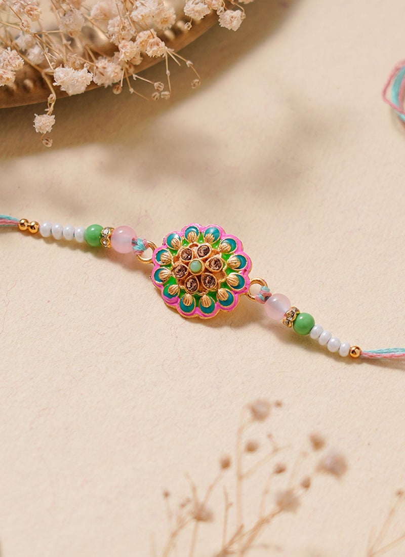 Madhoor Mandala Rakhi for Brother Teal Green Designer Raksha Bandhan Thread ,Premium Handmade ,1 Piece-39 CM - Image 2