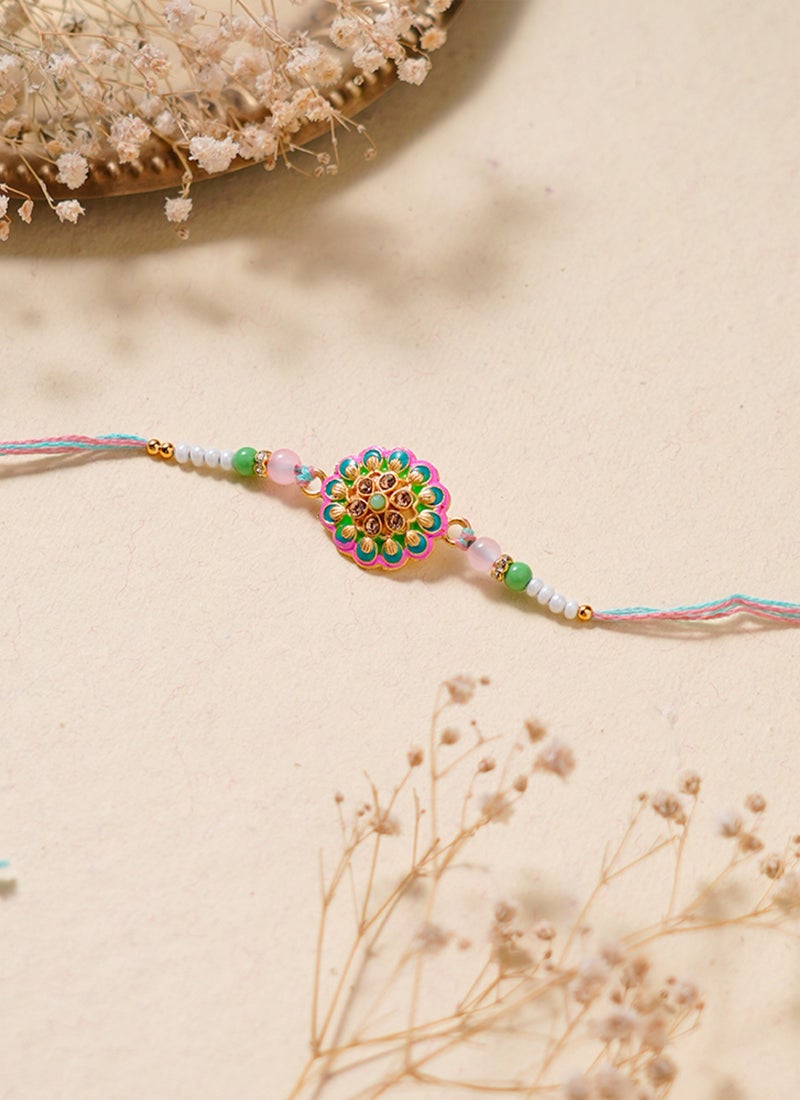 Madhoor Mandala Rakhi for Brother Teal Green Designer Raksha Bandhan Thread ,Premium Handmade ,1 Piece-39 CM - Image 1