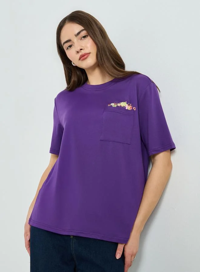 Purple Floral Pocket Relaxed Fit T-Shirt