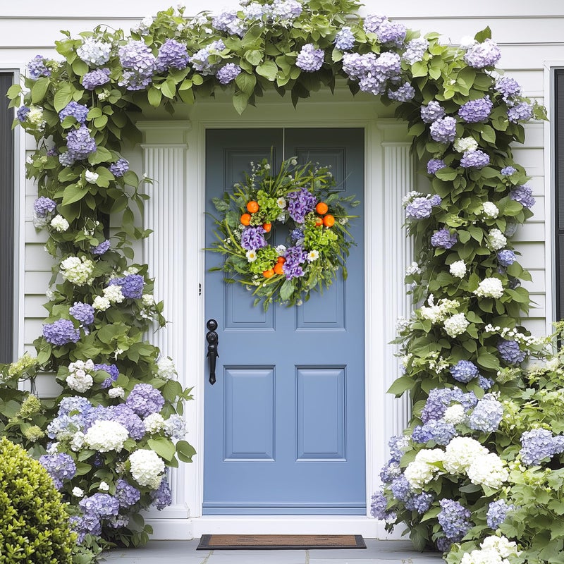 Montekin 24" Hydrangea Spring Summer Wreath with Realistic Fruit and Green Leaves, Floral Artificial Wreath for Front Door Home Wall Wedding Farmhouse Holiday Outdoor Indoor DÃ©cor (Purple) - Image 5