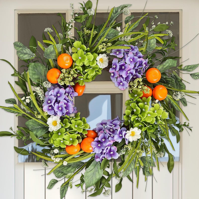 Montekin 24" Hydrangea Spring Summer Wreath with Realistic Fruit and Green Leaves, Floral Artificial Wreath for Front Door Home Wall Wedding Farmhouse Holiday Outdoor Indoor DÃ©cor (Purple) - Image 1