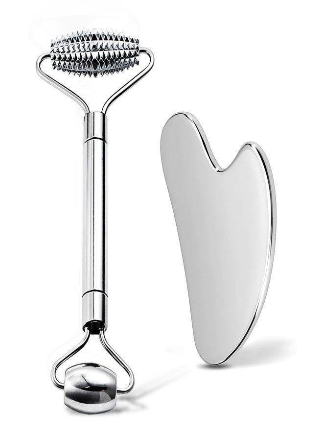 erdnretl Gua Sha & Face Roller, Stainless Steel Gua Sha Facial Tools for Face, Eyes,Chin & Jawline Sculpting,Body Gua Sha Tools with Pouch - Image 1
