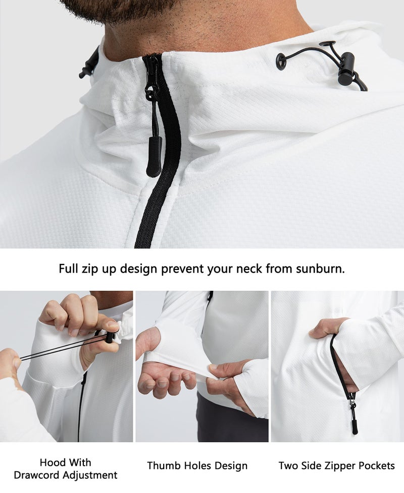 Sejuani Men's UPF 50+ Light Jacket Full Zip Sun Protection Hoodie Long Sleeve Sun Shirts for Men Hiking Fishing Zip Pockets(White_XXL) - Image 5