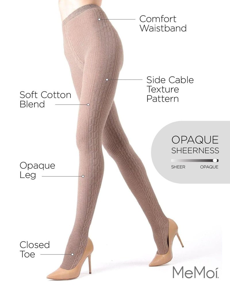 MeMoi Portland Side Cable Knit Cotton Tights for Women, Cozy and Warm Sweater Tights - Sizes Small to X-Large, Light Taupe Heather, S-M - Image 3