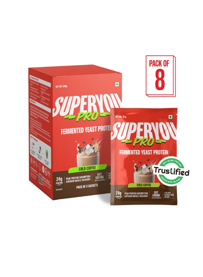 SuperYou PROs- Cold Coffee Flavour Fermented Yeast Protein Powder Pack of 8x36g - Image 1