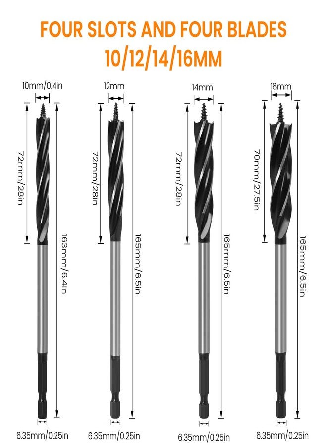 Serplex® 4Pcs Auger Drill Bit for Wood, 10/12/14/16mm Alloy Steel Twist Drill Bits Flute Impact Wood Drill Bit with Quick Change Hex Shank, Four-blade Woodworking Hole Opener Bits Hex Shank Screw Bits - Image 2