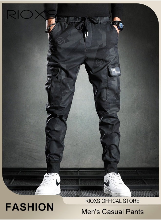 RIOXS Men's Camouflage Casual Long Pants,Drawstring Elastic Waist Joggers Sweatpants,Fashionable Trendy Cargo Pants,Lightweight Sweat Pants With Pockets,Trousers Gift For Dad Brother Boyfriend  - Image 1