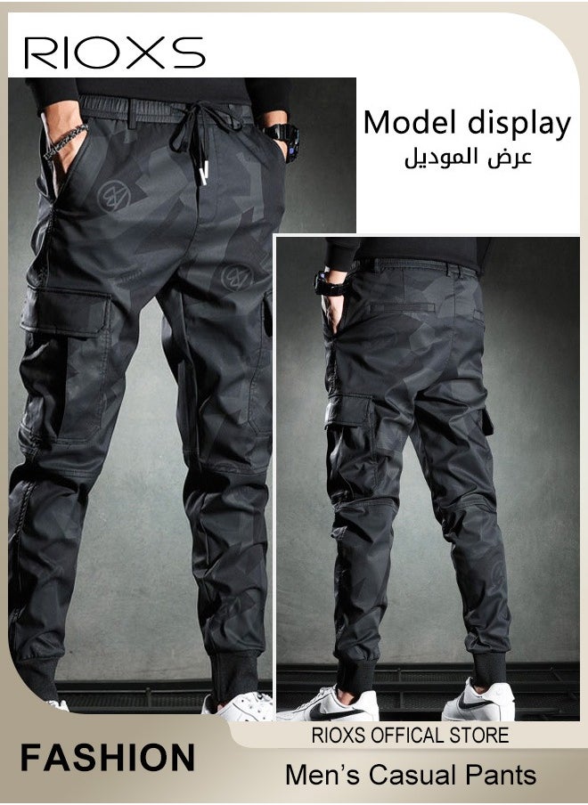 RIOXS Men's Camouflage Casual Long Pants,Drawstring Elastic Waist Joggers Sweatpants,Fashionable Trendy Cargo Pants,Lightweight Sweat Pants With Pockets,Trousers Gift For Dad Brother Boyfriend  - Image 2