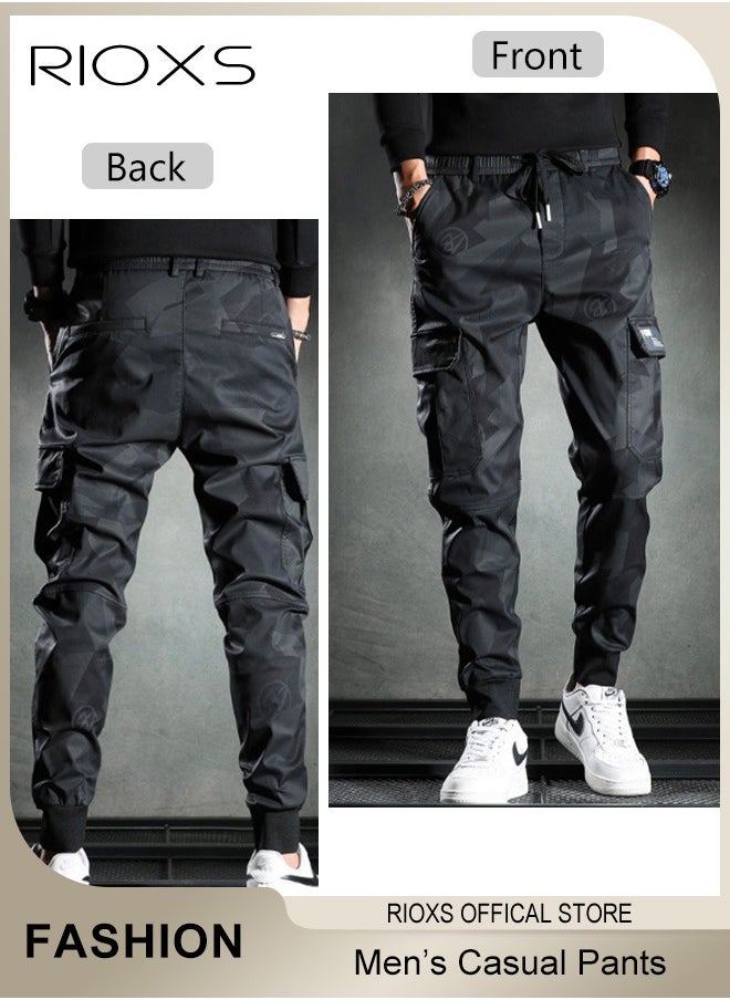 RIOXS Men's Camouflage Casual Long Pants,Drawstring Elastic Waist Joggers Sweatpants,Fashionable Trendy Cargo Pants,Lightweight Sweat Pants With Pockets,Trousers Gift For Dad Brother Boyfriend  - Image 3