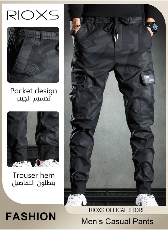 RIOXS Men's Camouflage Casual Long Pants,Drawstring Elastic Waist Joggers Sweatpants,Fashionable Trendy Cargo Pants,Lightweight Sweat Pants With Pockets,Trousers Gift For Dad Brother Boyfriend  - Image 4