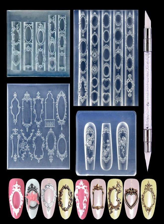 LIFOOST 4Pcs 3D Frame Nail Mold Picture Frames Rose Window Designs Resin Molds with Carving Pen Clear Modeling Templates Silicone Tools for DIY Salon Nail Design - Image 1