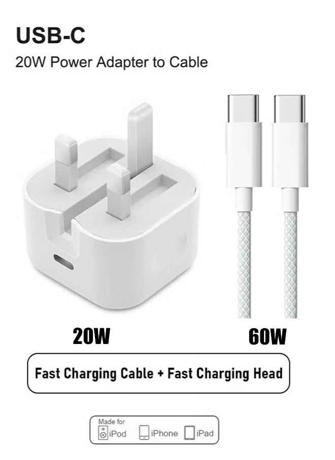 IPhone 20W Fast Charger with 60W Type C to C Woven Charging Cord, Fast Charger, Compatible with IPhone 16/15/Pro Max/Pro/Plus and All Type C Mobile - 1 Meter